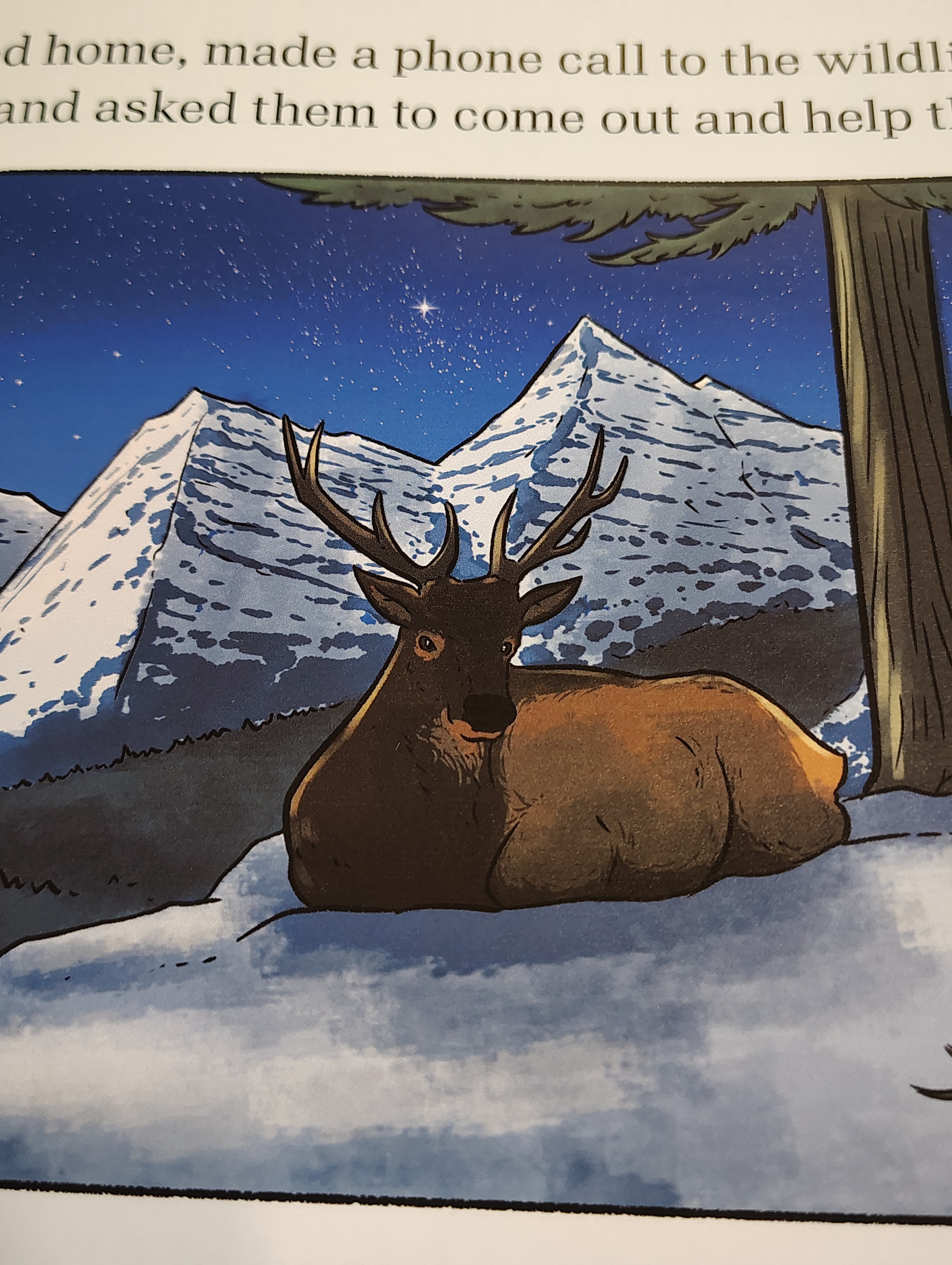 Interior illustration — elk in snowy mountain scene with story text